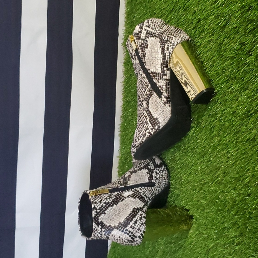 Reptile Print Ankle Boot With Metallic Gold Block… - image 1